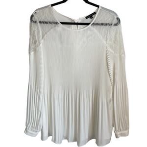 Adrianna Papell Pleated Lace Trim Blouse Top Sz L Bow Tie Back Cream Flowy